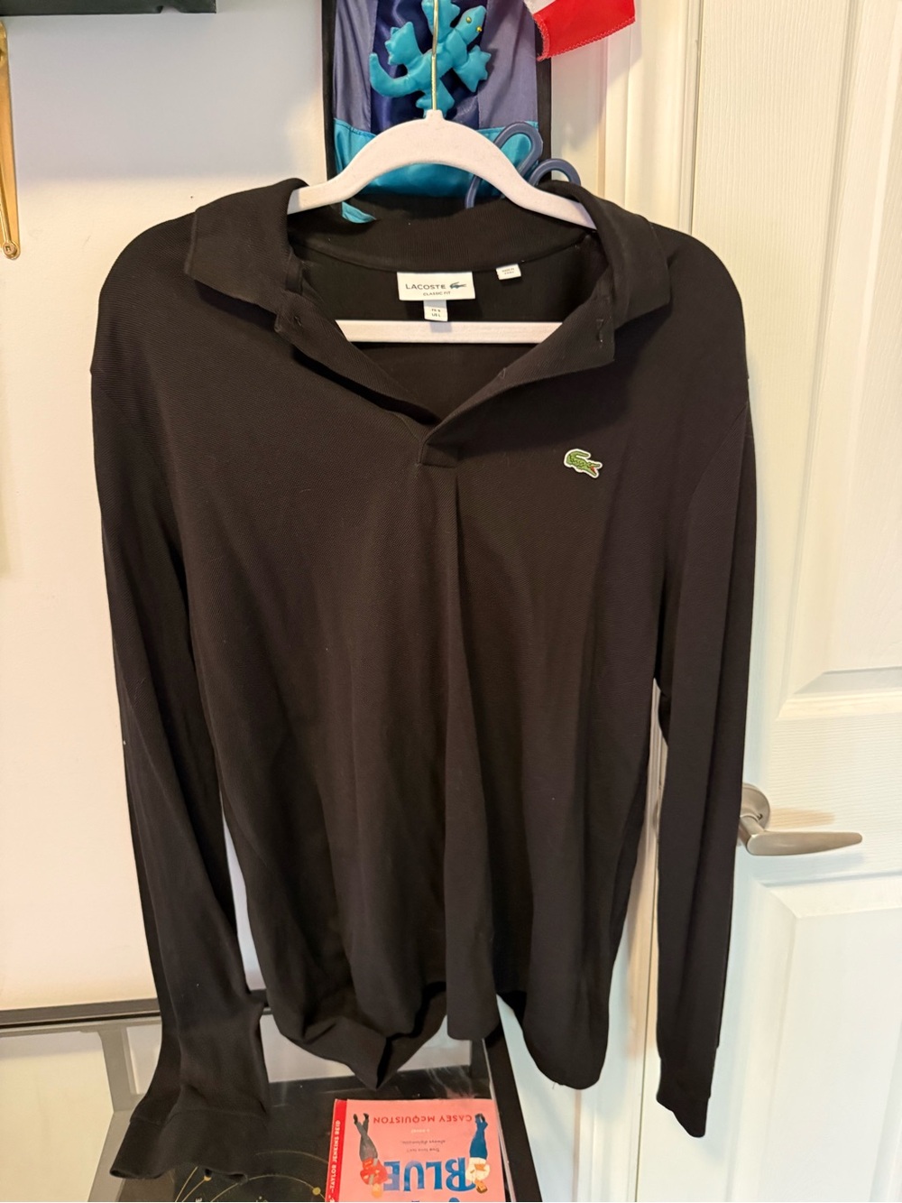 Lacoste Men’s Black Long-Sleeve Polo with Green Crocodile